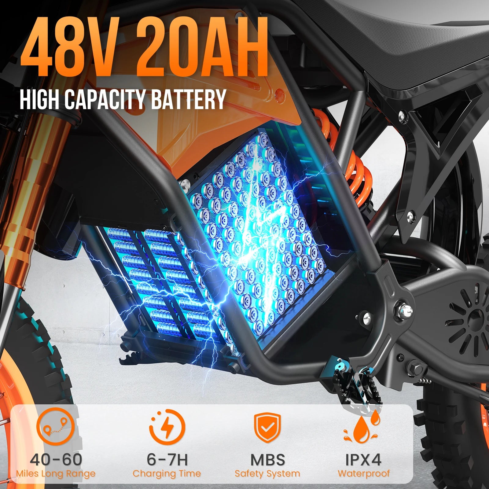 48V Electric Dirt Bike 3000W Peak Power, 37.5MPH Top Speed & 60 Miles Range