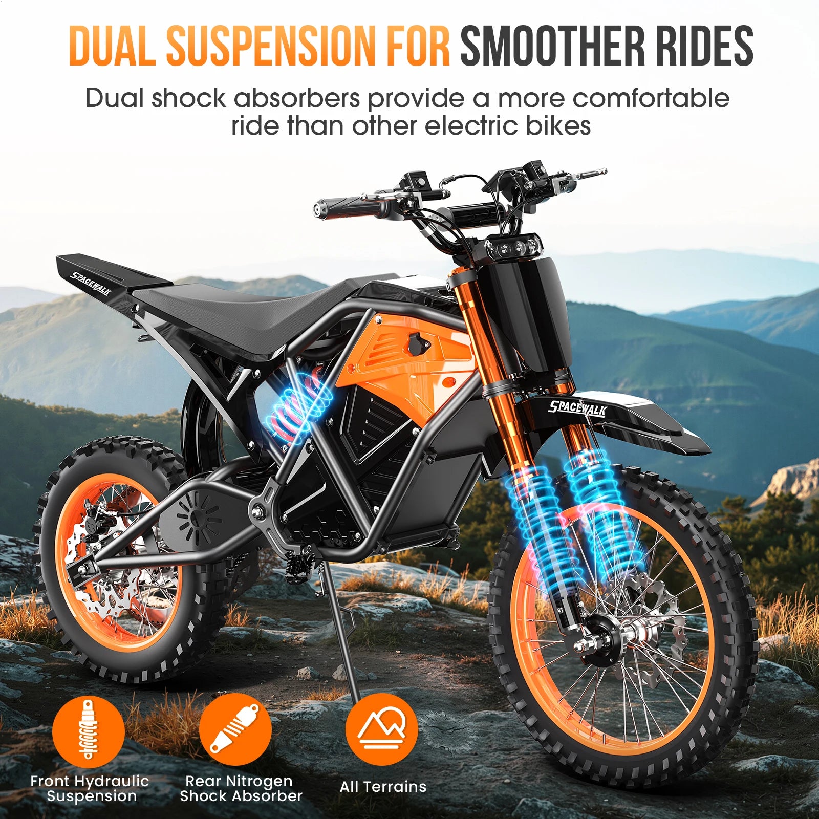 48V Electric Dirt Bike 3000W Peak Power, 37.5MPH Top Speed & 60 Miles Range