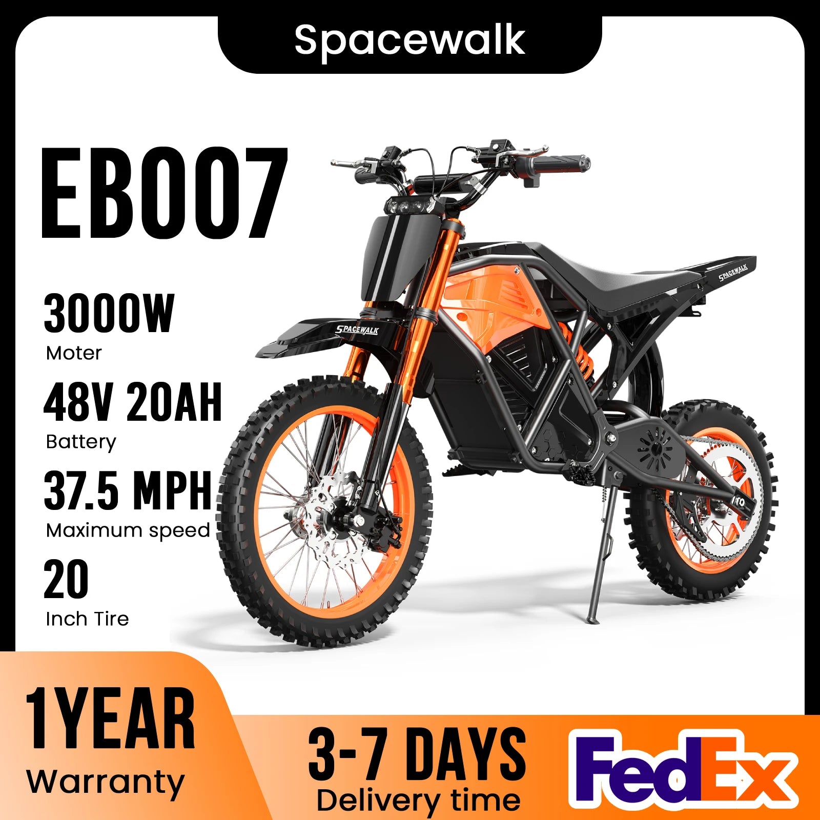 48V Electric Dirt Bike 3000W Peak Power, 37.5MPH Top Speed & 60 Miles Range