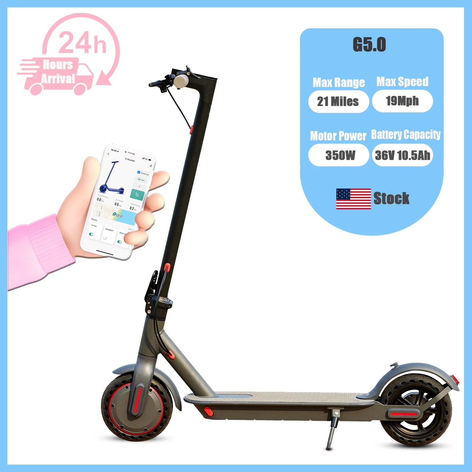 G5.0 Electric Scooter 36V 10.5AH High Capacity Battery 21Miles Long Range 19Mph 350 Motor