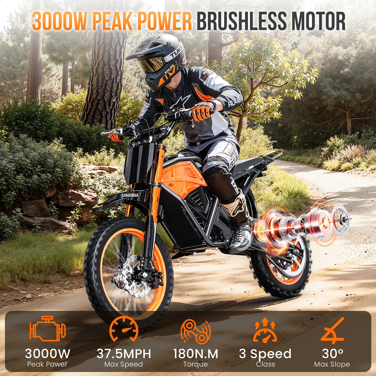 48V Electric Dirt Bike 3000W Peak Power, 37.5MPH Top Speed & 60 Miles Range